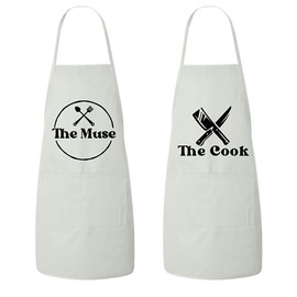 Matching Couples Aprons Set, The Muse, The Cook, Mr and Mrs, His and Hers Couples Apron Set, Wedding Gift (2 aprons) (White)