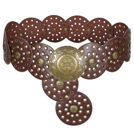 LEACOOLKEY Women's Belt Boho Disco Wide Western Belt Leather Concho for Clothing Jeans, B-brown