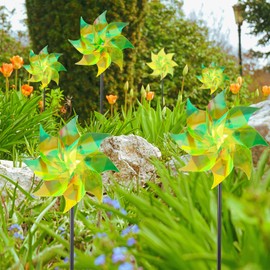 Hausse 10 Pack Reflective Pinwheels Wind Spinner, Extra Sparkly Pinwheel with Stakes, Bird Repellent Blinder Devices Deterrent to Scare Birds Away from Yard Patio Farm Garden, Transparent Yellow