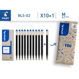 PILOT - Set di 10 +1 Omaggio Ricariche BLS-G2-7 - Compatibili con Penne Roller 0,7 mm G2, G2 Plus, B2P Gel - Inchiostro Gel Intenso - Blu - Punta Media