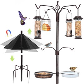 YINGYM 6-Hook Bird Feeding Station Kit, 94 Inch Heavy Duty Bird Feeder Stand Pole for Outdoors Hanging with 4 Feeders, Wide Metal Squirrel Baffle, Attracting Wild Birds