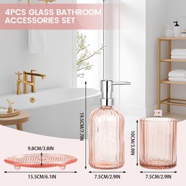 YTDTKJ Glass Bathroom Accessory Set, Stripe Toiletries Set of 4, Bathroom Container Set, Hand Soap Dispenser Bottle, Toothbrush Holder, Mouthwash Cup, Soap Holder, Soap Dish (Pink)