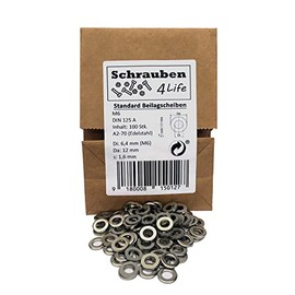 Standard Washers M6 Stainless Steel Pack of 100 - Plastic-Free Packaging Schrauben4Life - A2-70, DIN125 Stainless Steel, Washers for Industrial, Garden and Home (100, M6)