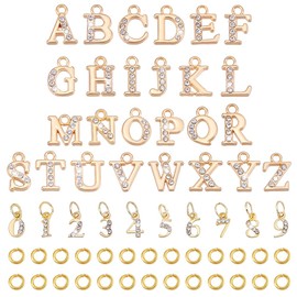 PH PandaHall Dangle Nail Piercing Charms 26pcs Dangle Letter Nail Charms 20pcs Number Nail Charms, Gold Rhinestone Charms for Nails with 30pcs Jump Rings for Birthday Nail Art Decoration