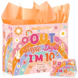 Large 10th Birthday Gift Bag, Peace Out Single Digits Era Party Favors Bags with Tissue Paper and Greeting Cards, Groovy I'm 10 Birthday Gifts for Girls 10 Years Old Birth Day Party,, 11.81x9.45x5.31inch