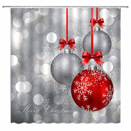 YSATNSFT Merry Christmas Shower Curtain Red Silver Christmas Ball Glittering Bling Printed Happy New Year Holiday Fabric Bathroom Decor Set Include Hooks,(70" WX70 H)