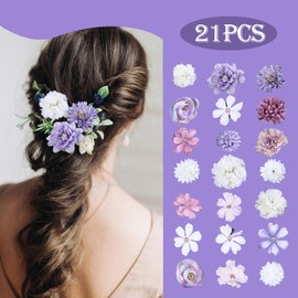 Flower Hair Clip, Pack of 21 Multicoloured Flower Hair Clips, Artificial Flower Hair Clip, Flower Hair Accessories for Party, Beach, Wedding, Event Decoration (Purple/White)