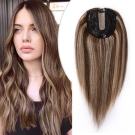 Silk-co Hair Topper Real Hair, 10 x 12 cm Base Toupee Women, Hair Topper Real Hair with Remy Silk Base, Hair Topper Clip in Hairpiece Extensions, 45 cm4P27# Medium Brown and Dark Blonde