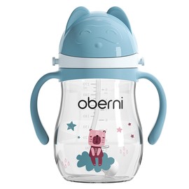 Oberni Baby Sippy Cup with Handle & Strap, Non-Spill Water Bottle for 6 12 Months + Toddlers, BPA-Free | Tritan | Dishwasher Safe | Leak Proof Valved Spout | Click Lock Tip | 270ml 9oz | Blue |1 Pack