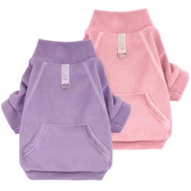 Idepet Fleece Dog Sweater 2 Pack, Winter Dog Clothes Turtleneck Sweatshirt Cat Apparel with Leash Ring, Pink, Purple, Large
