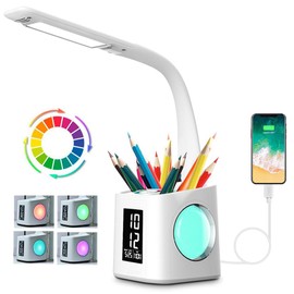 Wanjiaone Schreibtischlampe Kinder LED, Tischlampe 10W Touch Dimmbar, Nachttischlampe Tischleuchte 7 in 1 mit 3 Helligkeitsstufen/USB-Anschluss/256 RGB/Stifthalter/Uhr/Kalender und LCD-Bildschirm Leselicht Bro