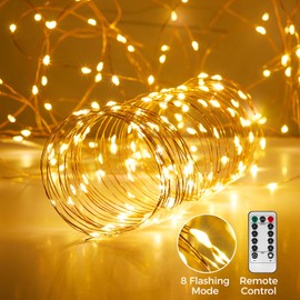 Ariceleo Fairy Lights 65.6 ft. 200 LED USB Twinkle String Lights - Silver Wire, Remote & Timer, 8 Modes, Waterproof, Warm White Starry Lights for Party, Wedding, Christmas (1 Pack)