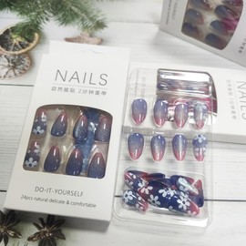 Pink Gradient Cat Eye Press on Nails Glossy Blue Ombre Cat Eye Acrylic Fake Nails 24Pcs White Flower False Nails Gel Glue on Nails for Manicure Cat Eye Stick on Short Almond Nails for Coquette Women
