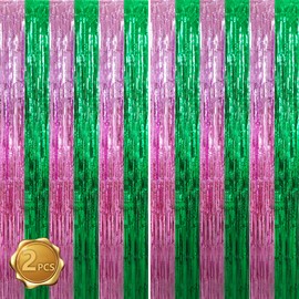 BEISHIDA Pink Green Door Streamers Backdrop Foil Fringe Tinsel Party Streamers Curtains Photo Backdrop for Birthday Graduation Wicked Party Decoations