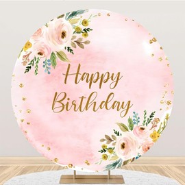 Leowefowa 7.2x7.2ft Polyester Pink Happy Birthday Round Backdrop Cover Pink Floral Green Leaves Gold Glitter Circle Photography Background Birthday Party Backdrop Photo Portrait Booth Props