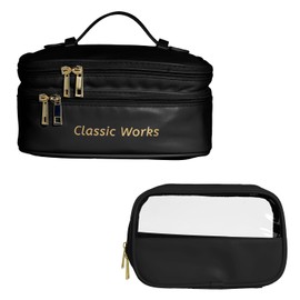 VNIMTI Makeup Bag for Women, Double Layer Travel Toiletry Bag Set, Large Cosmetic Organizer with Small Toiletry Bag, Portable Makeup Pouch with Brush Slot And Divider, PU Leather, White, Black, 2