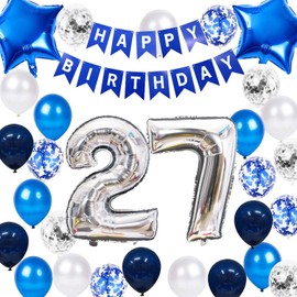 Fechy 27th Birthday Party Decoration Blue for Him, Happy Birthday Banner Blue Number 27 Birthday Star Foil Balloons Latex Confetti Balloons for Men Him 27 Years Old Birthday Supplies(27th)