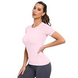 MathCat Workout Shirts for Women, Workout Tops for Women, Yoga Short Sleeve Shirts Soft Seamless Gym Shirts Light Pink