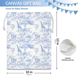 DSHFG Light Blue Drawstring Birthday Gift Bags, Safari Toile Chinoiserie Animals Baby Shower Drawstring Gift Bags Canvas, Blue and White Small Happy Birthday Bag, 10x13 Inch