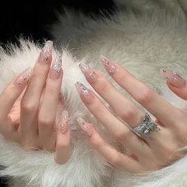 Pure Handmade Nails Press on Nail Reusable Fake Nails Golden RhineStones Bling Bling Medium Stick on Nails French Tip False Nails 10pcs (L, Q305 NAILS)