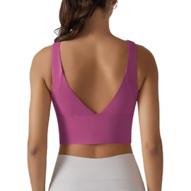 ABOVIW Womens V Back Longline Sports Bra Scoop Neck Workout Crop Tank Tops Padded with Built in Shelf Yoga Bra Pink Small