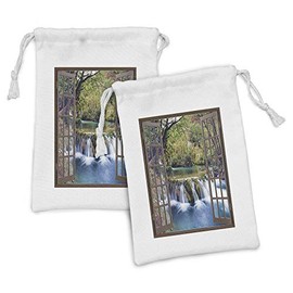 Ambesonne Waterfall Fabric Pouch Set of 2, Wide Waterfall Deep down in the Forest Seen from a City Window Epic Surreal Print, Small Drawstring Bag for Toiletries Masks and Favors, 9" x 6", Multicolor