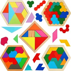 5 Pack Wooden Tangram Puzzle for Kids Wooden Hexagon Puzzle Block Teaser Geometric Shapes Tangram Games for Jigsaw 3D Logic IQ Game Gift(Geometry)
