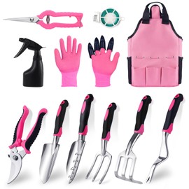 Covacure Gardening Tool Set - 11 Piece Aluminum Alloy Steel Hand Tool Starter Kit with Garden Bag, Outdoor Tool, Heavy Duty Gardening Work Set, Gardening Tools Gift for Women and Men（Pink）