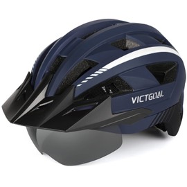 Victgoal Bike Helmet, MTB Mountain Bike Helmet with Magnetic Visor, Removable Sun Visor Cap and LED Rear Light, Cycling Helmet Racing Bike Helmet for Adults Men’s / Women’s (XL: 59 - 63 cm – Navy)
