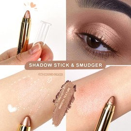 Shimmer Eyeshadow Sticks, KQueenest Eye Brightener Stick with Double End Brush Metallic Eyeshadow Pen Crayons Smudger Pink Golden Cream Eyeshadow for Women