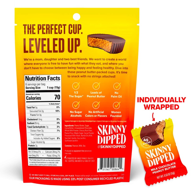 SkinnyDipped Milk Chocolate Peanut Butter Cups, 4g Sugar, Low Sugar,