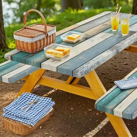 Picnic Table Cover with Bench Covers,Farmhouse Wood Waterproof Windproof Outdoor Table Cloth with Elastic Rectangle, Camping Essentials Patio Tablecloth with Drawstring Bag, 72x30 Inch (Wood)