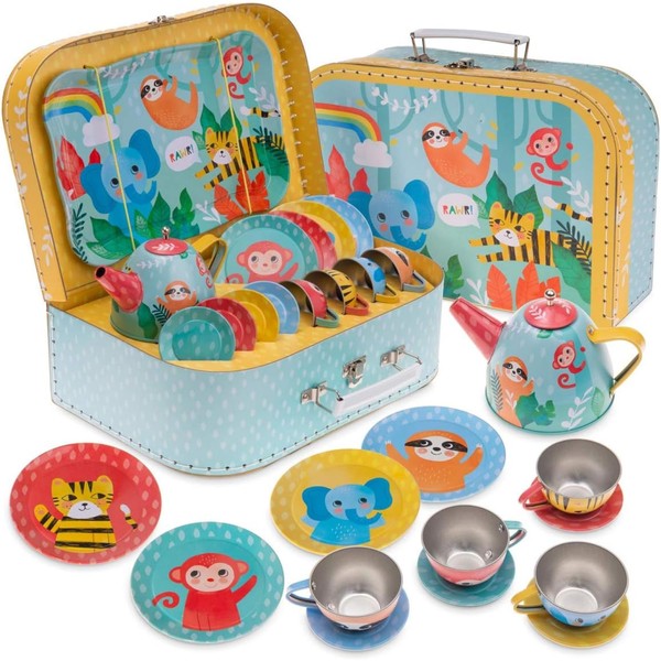 Jewelkeeper Tea Set for Little Girls-15 Piece Sets Kids Tin Tea Party with Cups, Saucers, Plates & Serving Trays-Toddler Princess Tea Time Pretend Play-Jungle Design Picnic Toy-Girls Birthday Gift