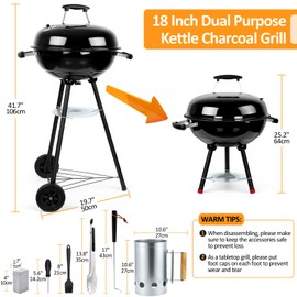 18 inch Kettle Charcoal Grills, Leonyo Portable BBQ Charcoal Grill for Outdoor with Cover & Chimney Starter, Griddle Accessories for Camping, Patio, Backyard Cooking - 254 Sq.in