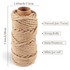 Handyman Crafts Natural Jute Twine Hemp Rope (1.5mm/2mm/3mm/6mm) Durable String for Handmde Crafts,Gardening Applications,Home Gardening,Cat Scratching Post,Gift Packaging... (6mm*82ft)