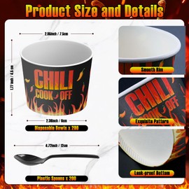 ARQRHTLY Chili Cook Off Party Supplies Set with 200 Disposable Chili Tasting Bowls and 200 Plastic Spoons, 5oz Disposable Bowls with Chili Pattern for Chili Contest, BBQ, Tailgate, Festival