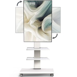 FITUEYES Rolling TV Stand - Portable Mobile TV Cart on Wheels for 32 to 75" TVs, Landscape to Portrait Rotating, 40 Degrees Swivel, Height Adjustable TV Cart with 2 Shelves, Hold Up to 88 Lbs