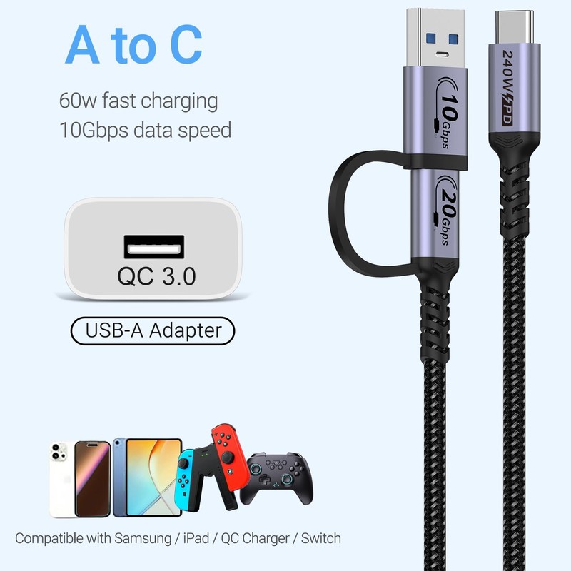 JBTOP 20Gbps Android Auto USB C Cable 2-in-1 [1ft, 2Pack]