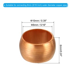 TA-VIGOR 8mm Tube OD Compression Sleeves Ferrules, 10PCS Copper Ferrule Fitting Brass Compression Fittings, Copper Olives Assortment Kit for Oil Water Air Pipe