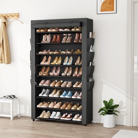 BrFoYu Shoe Rack with Cover, 10 Tier Shoe Organizer Storage for 40-50 Pairs Sneaker and Boots, Large Capacity, with 8 Pockets, Free Standing Tall Shoe Rack for Front Door Entrance, Closet