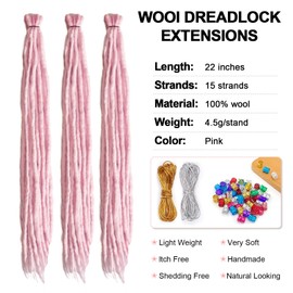 Wool Dreadlock Extensions 22 Inches Pink Double Ended Dreadlocks Extensions DE Ends 15 Strands Straight Hippie Reggae Style Dreads Extensions for Women
