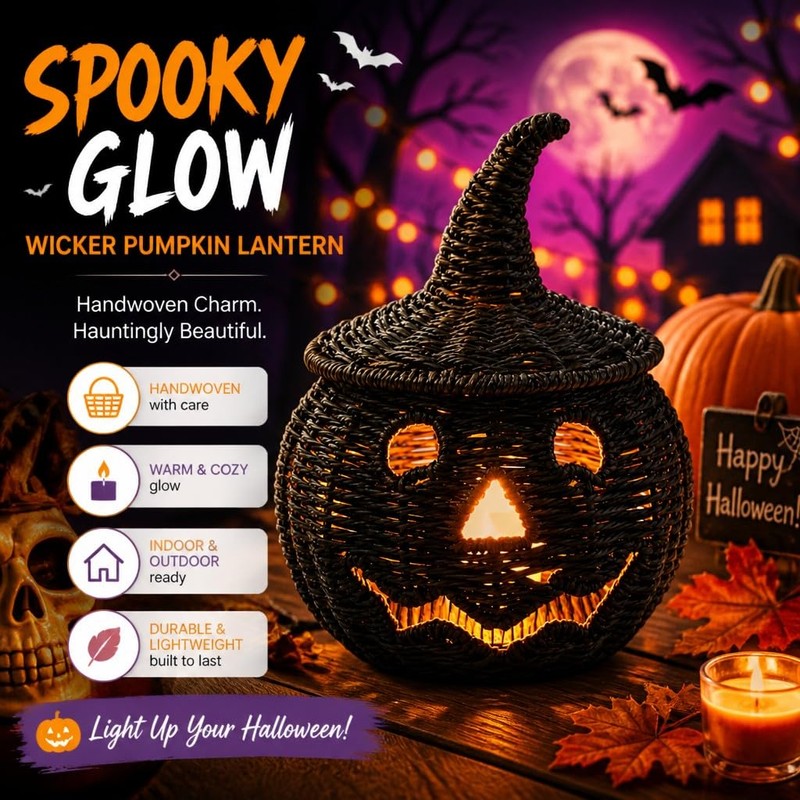 Black Handwoven Seagrass Pumpkin Jack-O-Lantern for Spooky Halloween Candy Storage,