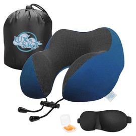Lux & Sky Cooling Memory Foam Travel Neck Pillow Set for Airplane Car, Home, Office | Travel Essential Neck Pillow with Sleeping Mask & Earplugs | 3 in 1 U Shape Memory Foam Travel Pillow (Deep Blue)
