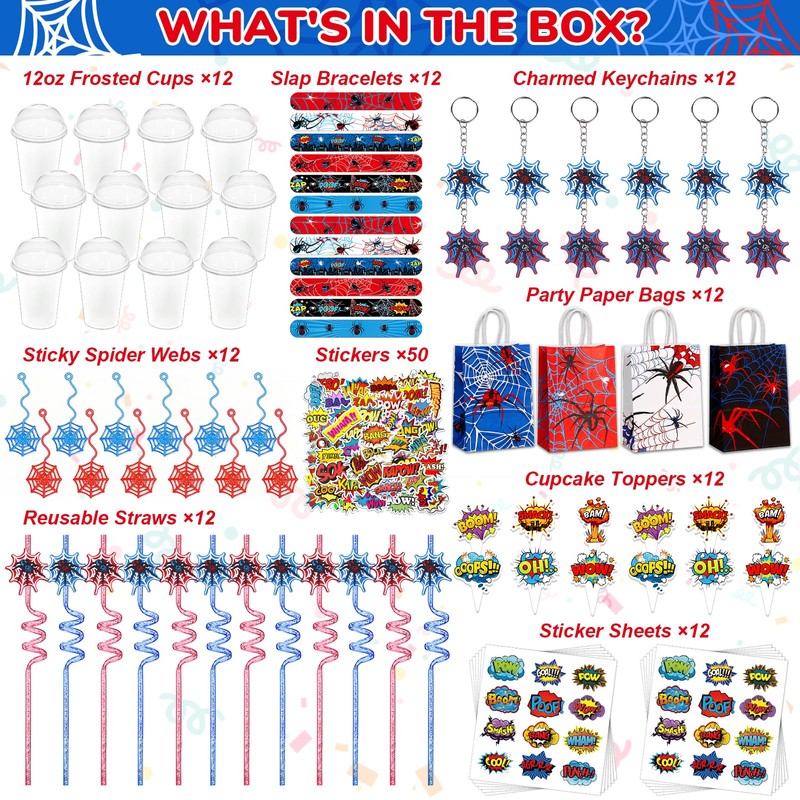 Ohjijinn 146Pcs Spider Party Favors, including Gift Bags, Stickers, Drinking