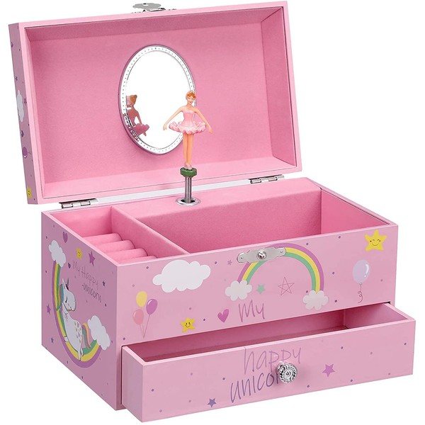 SONGMICS Unicorn Ballerina Musical Jewelry Box, Music Box with Pullout Drawer, Pink UJMC012PK