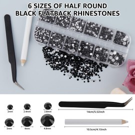 4550PCS Black Rhinestones for Crafting, 6 Sizes Flatback Nail Rhinestones Gems with 1Pc Tweezer and 1Pc Picking Diamonds Pen Kit, Bulk Round Crystal Gemstones Diamonds for Nail Art Clothing Crafts
