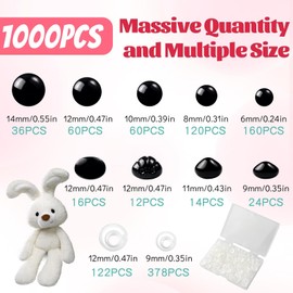 WIURGOHA 1000 Pcs 6-14mm Safety Eyes and Noses for Crochet, Black Plastic Safety Eyes with Washers, Craft Doll Eyes for Stuffed Animals, DIY Accessories, Safety Eyes for Amigurumi, Assorted Sizes