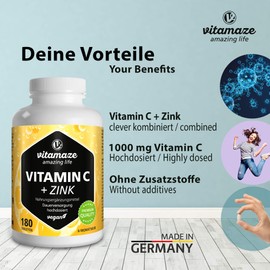 Vitamaze - amazing life Vitamin C hochdosiert 1000 mg + Zink, vegan & optimal bioverfügbar, 180 Tabletten für 6 Monate, Natürliche Nahrungsergänzung ohne unnötige Zusatzstoffe, Made in Germany