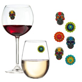 Simply Charmed Flower Sugar Skull Wine Glass Charms for Fiestas and Parties- Set of 6 Magnetic Drink Markers