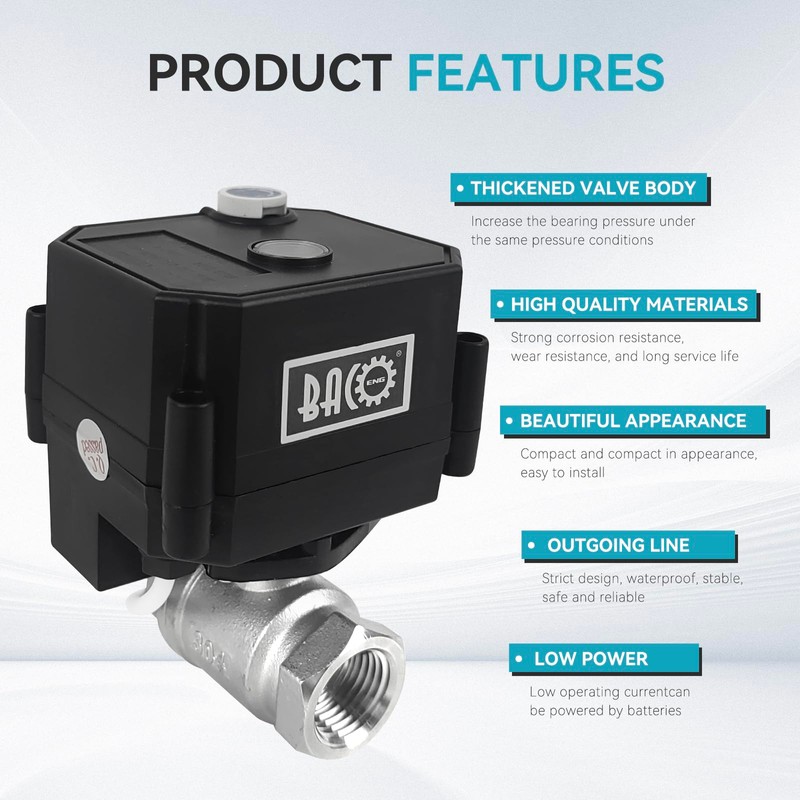 BACOENG Motorized Ball Valve, 2 Wire Auto Return 1/2" Stainless